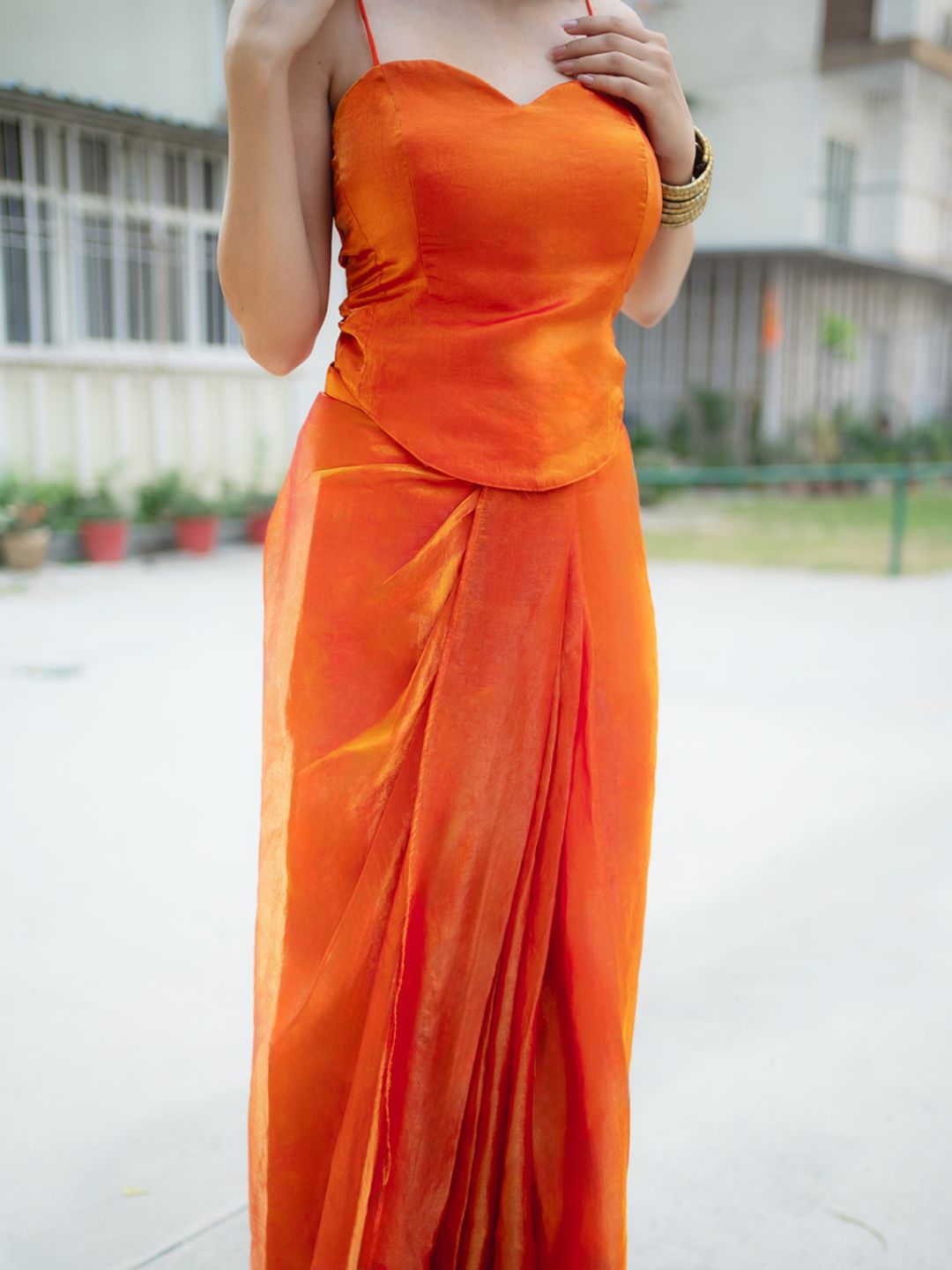 Adaa Designer Organza Drape Skirt with Sweetheart Neck Corset Blouse & Organza Dupatta