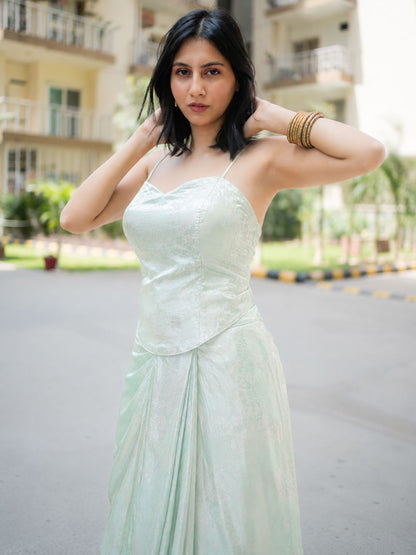 Adaa Designer Organza Drape Skirt with Sweetheart Neck Corset Blouse & Organza Dupatta