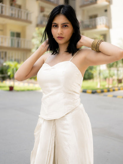 Adaa Designer Organza Drape Skirt with Sweetheart Neck Corset Blouse & Organza Dupatta