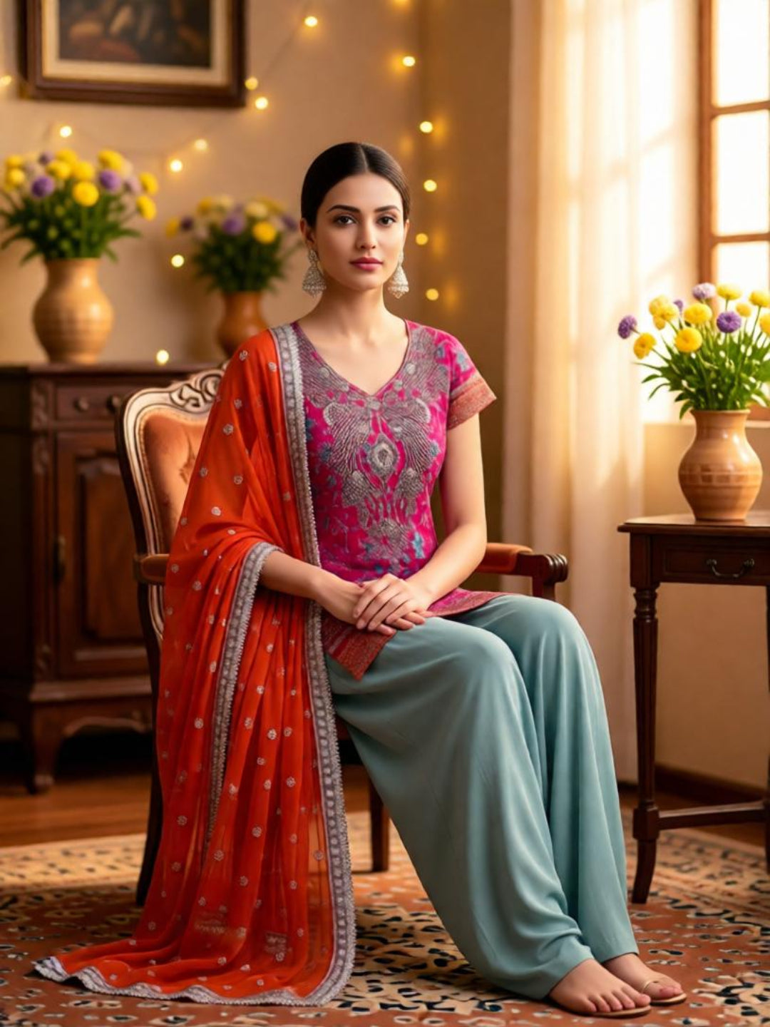 Adaa Bazaar Women's Readymade Party Wear Majanta and Sky patiala suit with Orange Dupatta