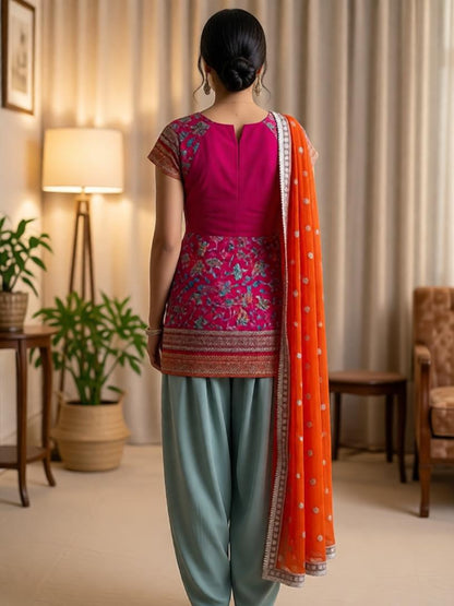 Adaa Bazaar Women's Readymade Party Wear Majanta and Sky patiala suit with Orange Dupatta