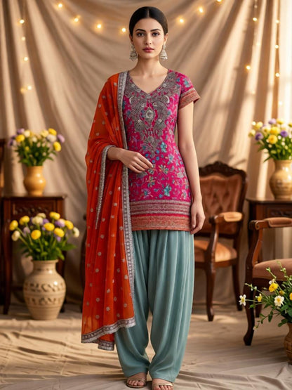 Adaa Bazaar Women's Readymade Party Wear Majanta and Sky patiala suit with Orange Dupatta