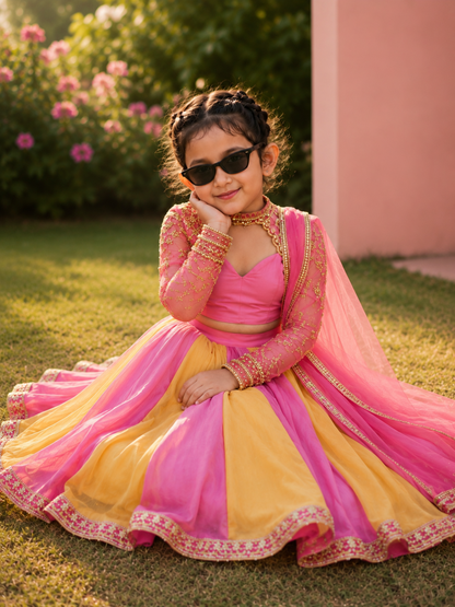 Adaa Bazaar Girls Pink & Yellow Hand Embroidery Lehenga Choli Set | Lightweight Festive Wear
