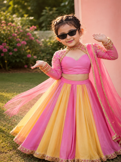 Adaa Bazaar Girls Pink & Yellow Hand Embroidery Lehenga Choli Set | Lightweight Festive Wear