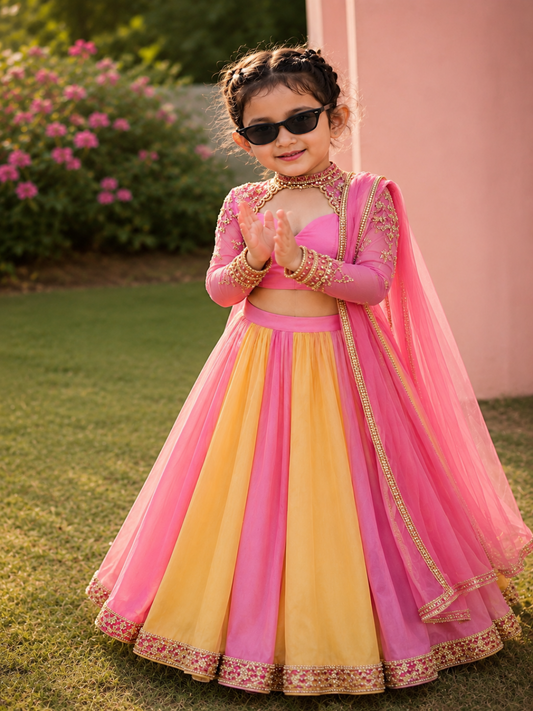 Adaa Bazaar Girls Pink & Yellow Hand Embroidery Lehenga Choli Set | Lightweight Festive Wear