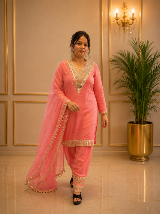 Adaa Bazaar Women's Pink Colour Sequin and Mirror Work Suits With Dupatta