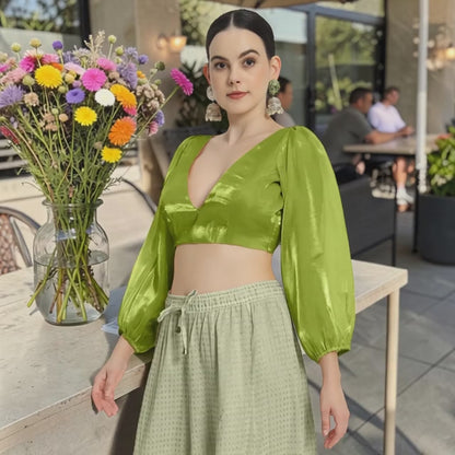neon V neck full sleevs Blouse with organza fabric