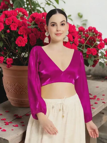 Magenta V neck full sleevs Blouse with organza fabric