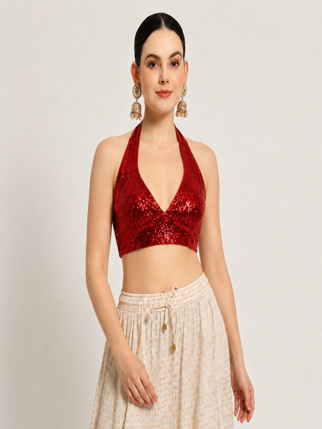Adaa Bazaar Sequins Party Wear Cut Sleeves Stitched holter neck Blouse