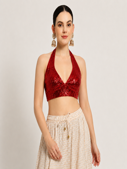 Adaa Bazaar Sequins Party Wear Cut Sleeves Stitched holter neck Blouse