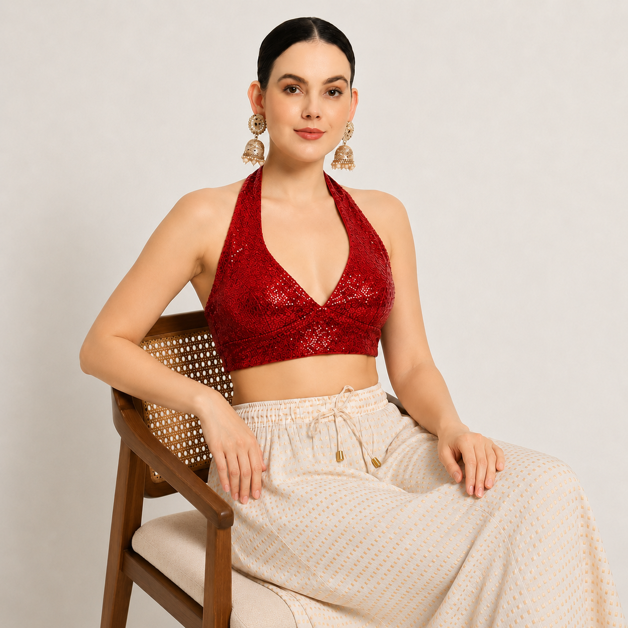 Adaa Bazaar Sequins Party Wear Cut Sleeves Stitched holter neck Blouse