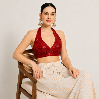 Adaa Bazaar Sequins Party Wear Cut Sleeves Stitched holter neck Blouse