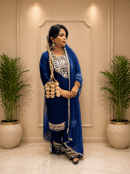 Adaa Bazaar Women's Royal Blue Colour Sequin and Mirror Work Suits With Dupatta