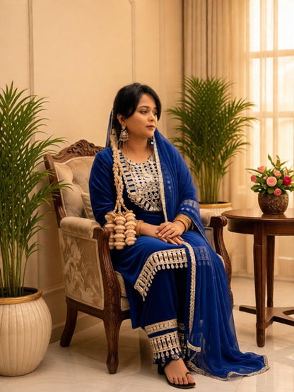 Adaa Bazaar Women's Royal Blue Colour Sequin and Mirror Work Suits With Dupatta