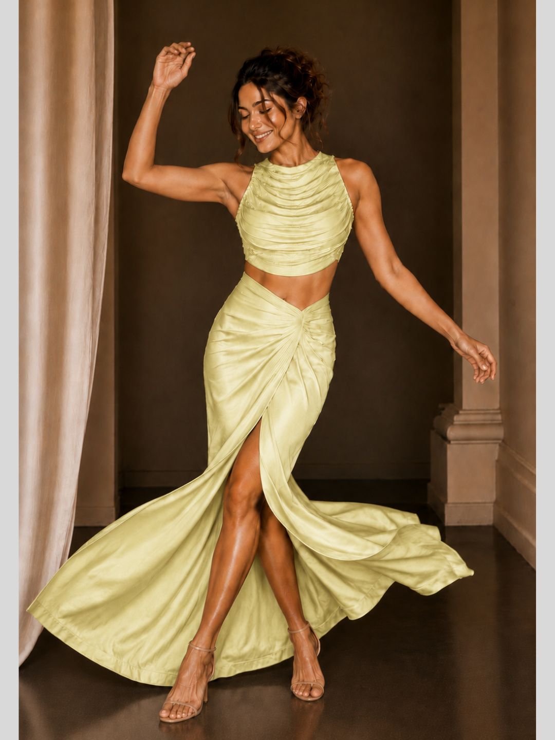 Adaa Bazaar Satin Draped Skirt Set with Ruched Halter Neck Crop Top