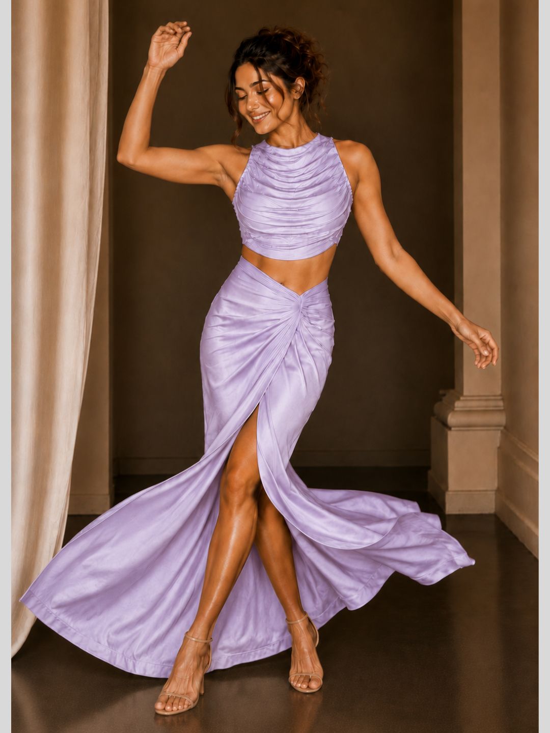 Adaa Bazaar Satin Draped Skirt Set with Ruched Halter Neck Crop Top