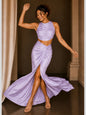 Adaa Bazaar Satin Draped Skirt Set with Ruched Halter Neck Crop Top