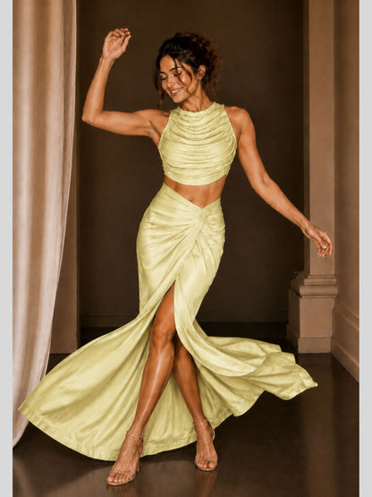 Adaa Bazaar Satin Draped Skirt Set with Ruched Halter Neck Crop Top