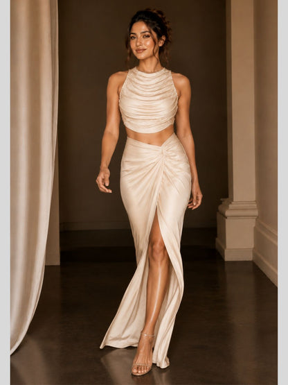 Adaa Bazaar Satin Draped Skirt Set with Ruched Halter Neck Crop Top