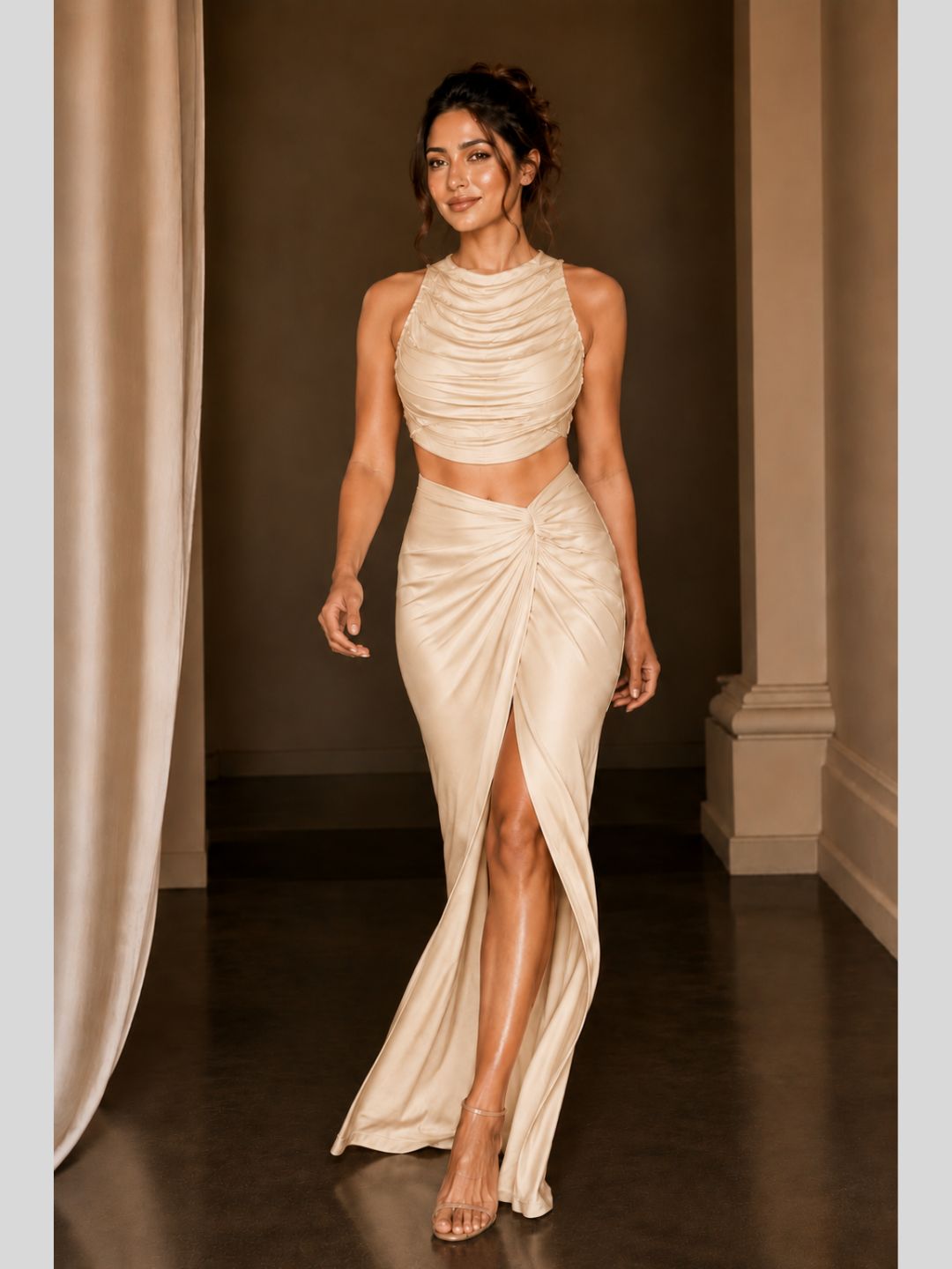 Adaa Bazaar Satin Draped Skirt Set with Ruched Halter Neck Crop Top