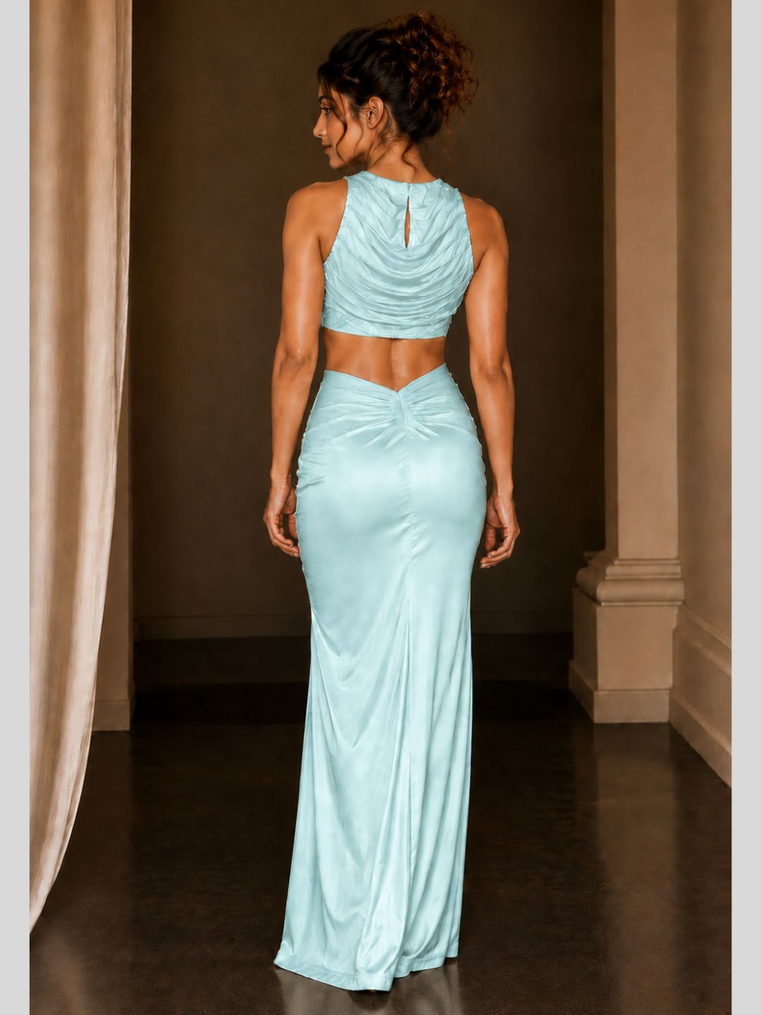 Adaa Bazaar Satin Draped Skirt Set with Ruched Halter Neck Crop Top