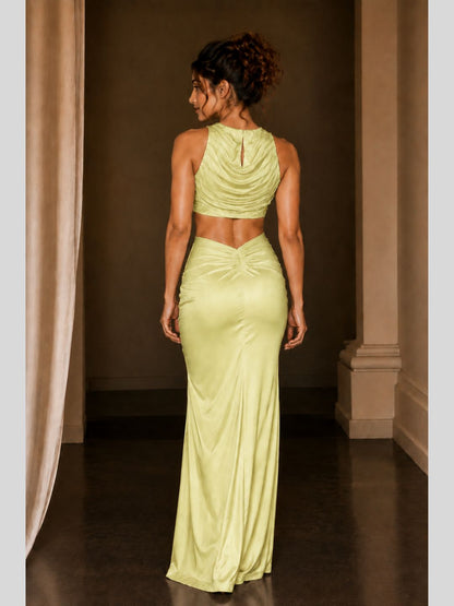 Adaa Bazaar Satin Draped Skirt Set with Ruched Halter Neck Crop Top