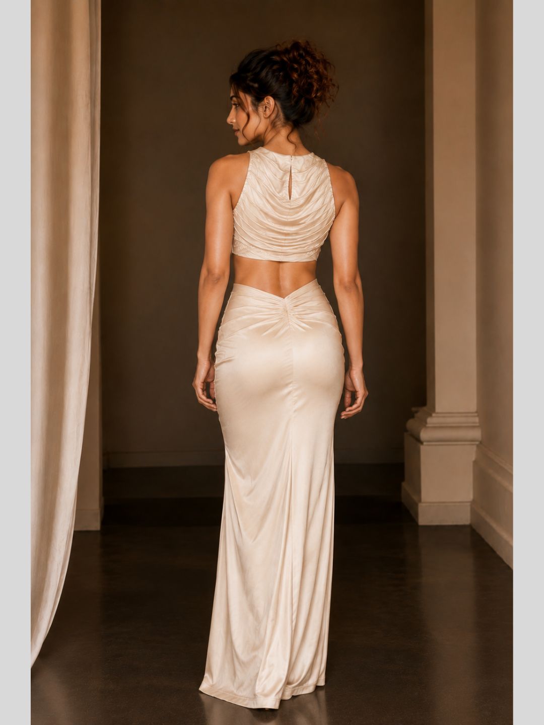 Adaa Bazaar Satin Draped Skirt Set with Ruched Halter Neck Crop Top