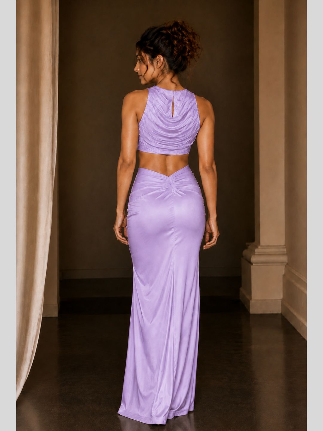 Adaa Bazaar Satin Draped Skirt Set with Ruched Halter Neck Crop Top