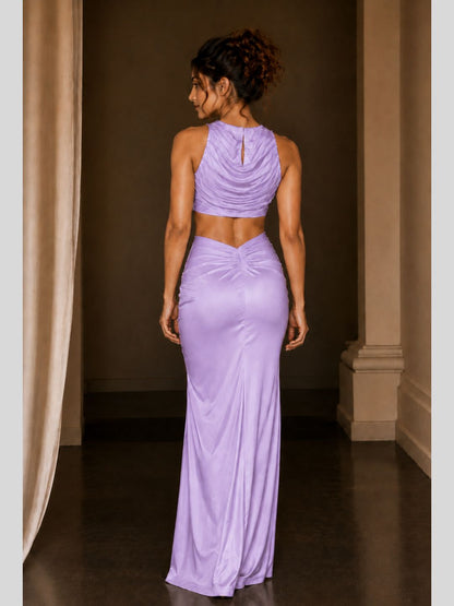 Adaa Bazaar Satin Draped Skirt Set with Ruched Halter Neck Crop Top