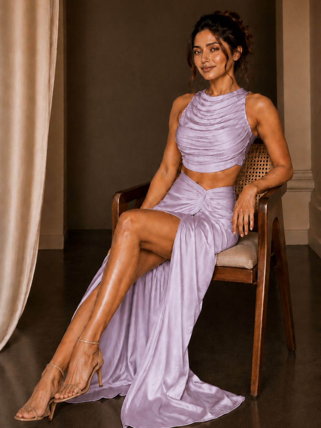 Adaa Bazaar Satin Draped Skirt Set with Ruched Halter Neck Crop Top