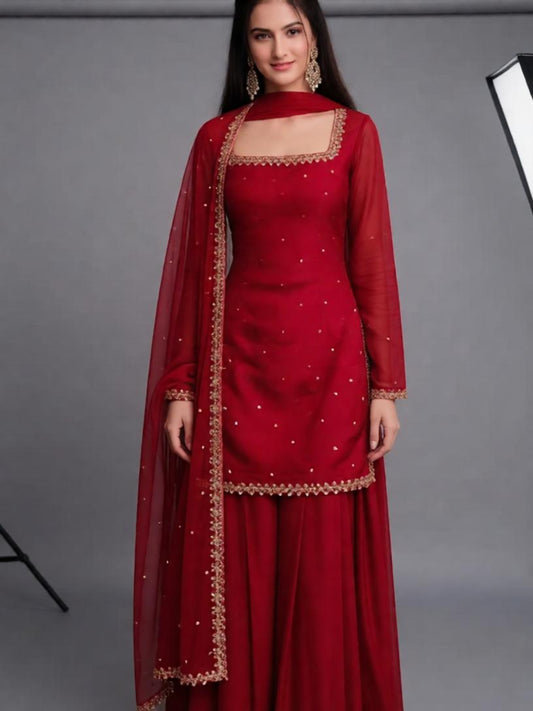 Adaa Bazaar Women's Readymade Sharara Suit (maroon) With Dupatta