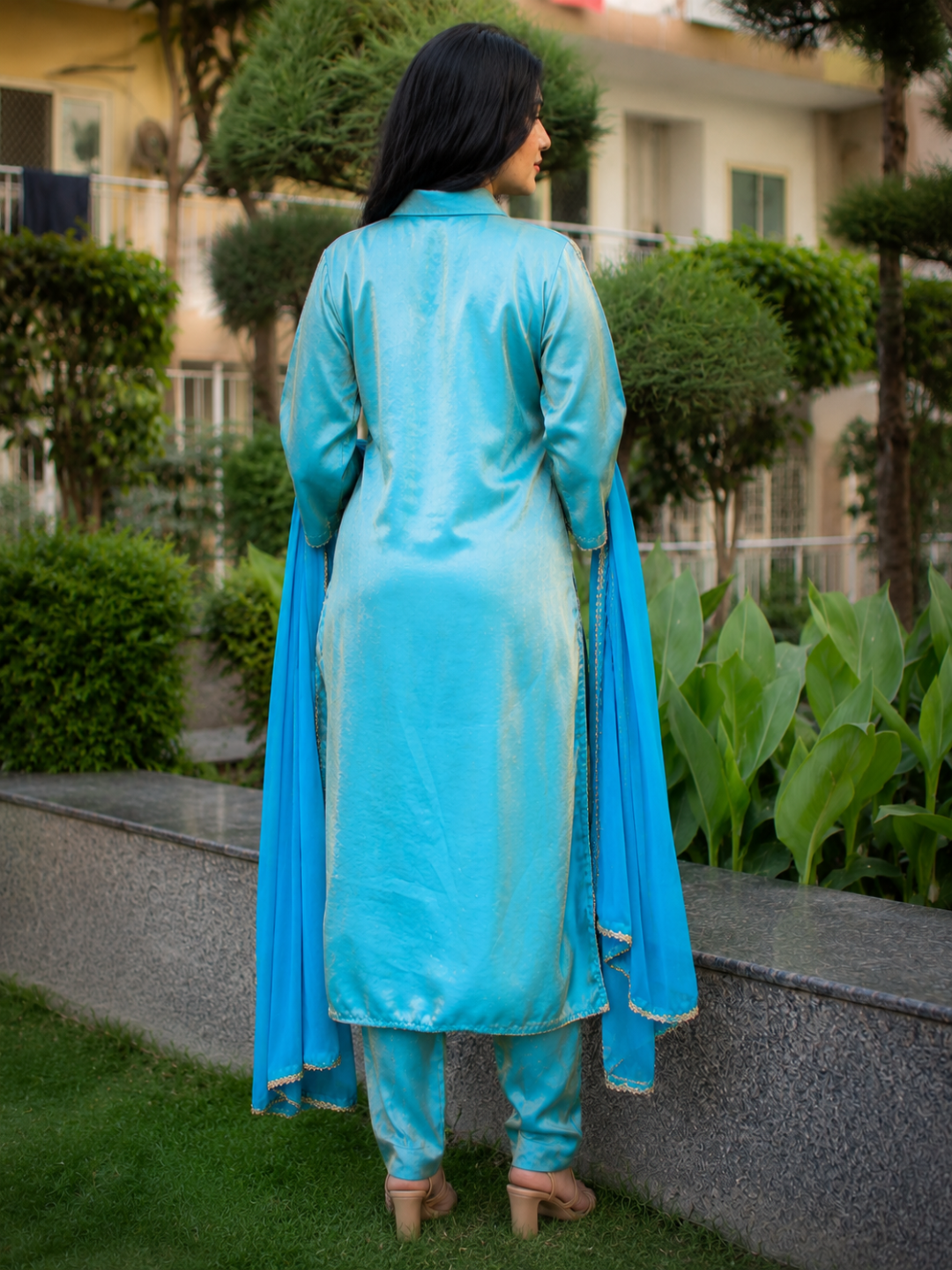 Adaa Bazaar Women's Sky Colour Sequin Work Less Suits With Dupatta