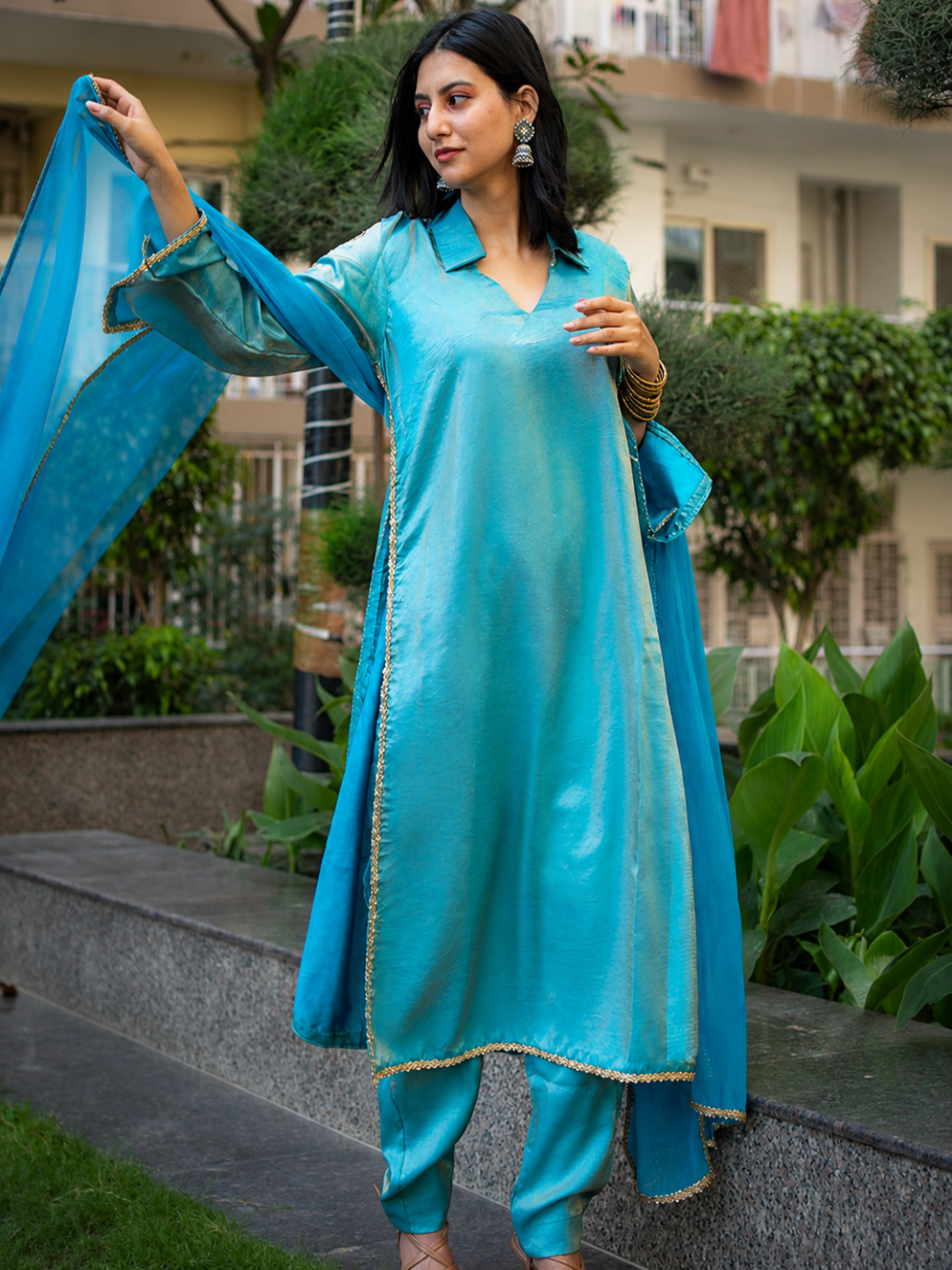 Adaa Bazaar Women's Sky Colour Sequin Work Less Suits With Dupatta