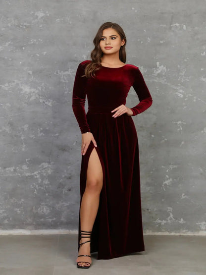 Adaa Bazaar Women's Dark Burgundy Dress, elvet Dress, Deep V Open Back, Long Sleeve Dress, High Wrap Slit Dress, Gown Dress