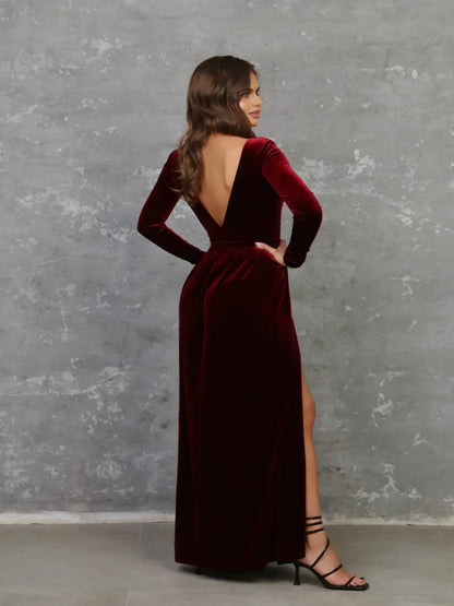 Adaa Bazaar Women's Dark Burgundy Dress, elvet Dress, Deep V Open Back, Long Sleeve Dress, High Wrap Slit Dress, Gown Dress