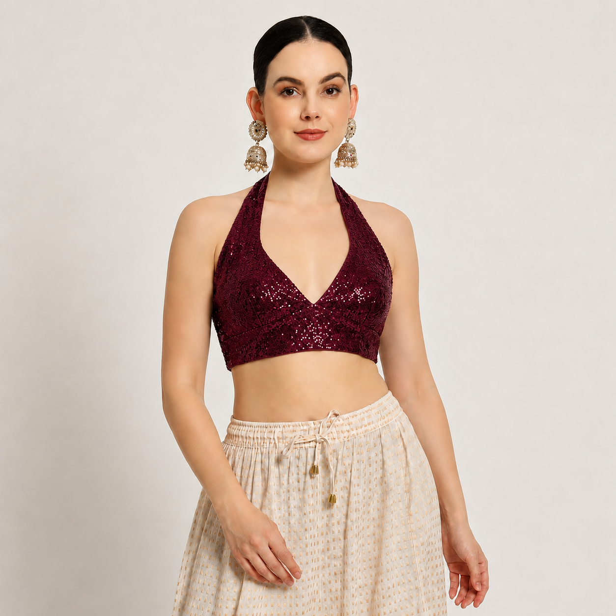 Adaa Bazaar Sequins Party Wear Cut Sleeves Stitched holter neck Blouse