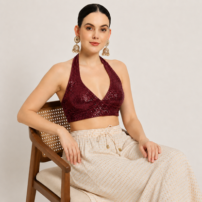 Adaa Bazaar Sequins Party Wear Cut Sleeves Stitched holter neck Blouse