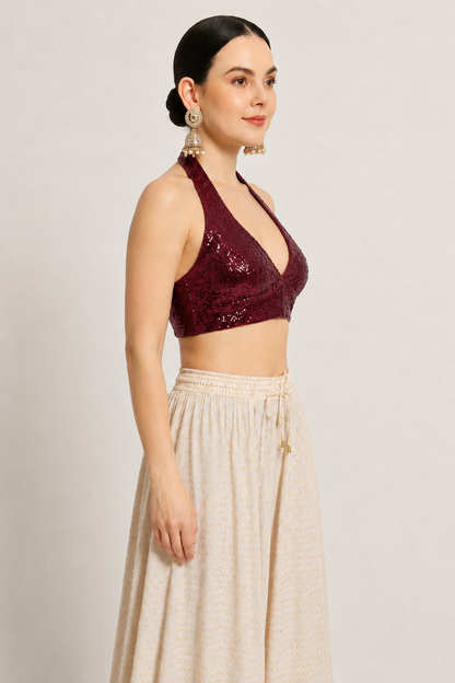 Adaa Bazaar Sequins Party Wear Cut Sleeves Stitched holter neck Blouse