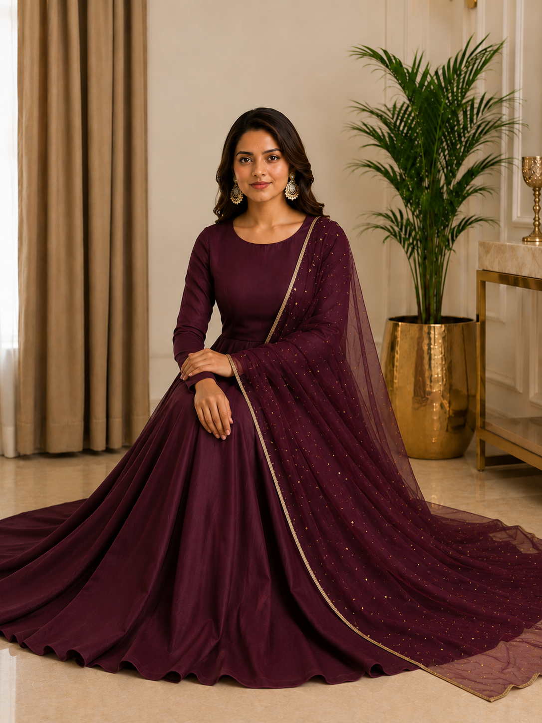 Adaa Bazaar Women's  Anarkali Suit (Wine ) With Dupatta