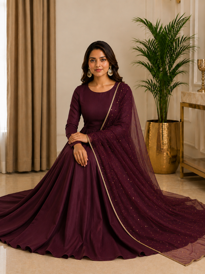 Adaa Bazaar Women's  Anarkali Suit (Wine ) With Dupatta
