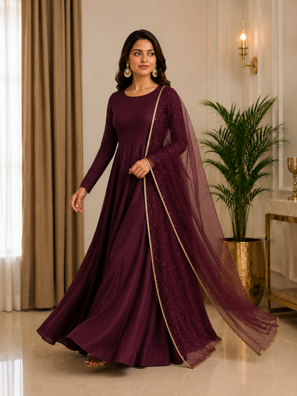 Adaa Bazaar Women's  Anarkali Suit (Wine ) With Dupatta