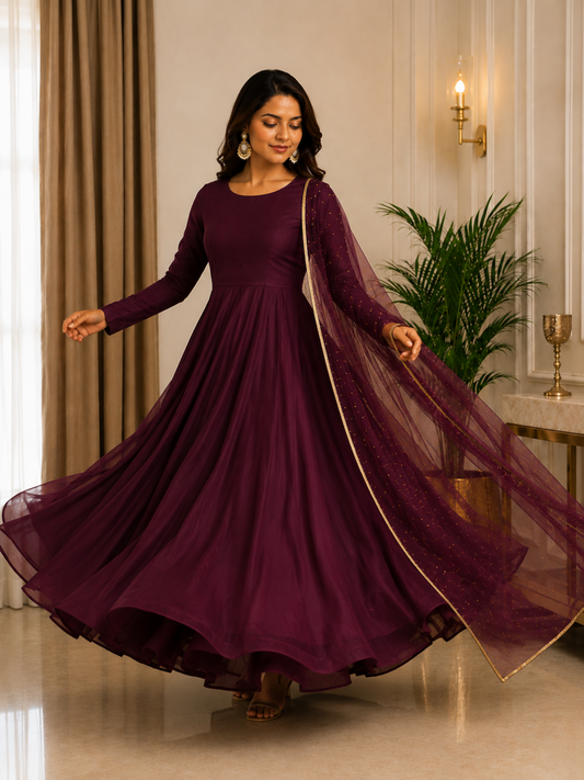 Adaa Bazaar Women's  Anarkali Suit (Wine ) With Dupatta