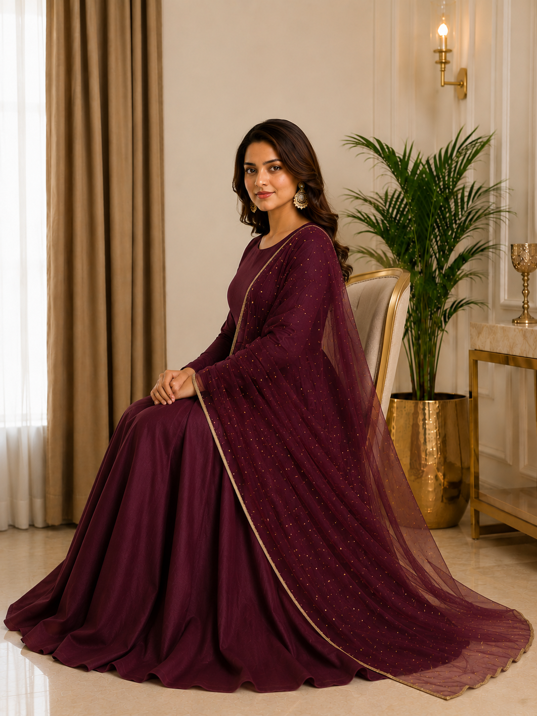 Adaa Bazaar Women's  Anarkali Suit (Wine ) With Dupatta