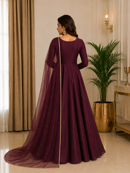Adaa Bazaar Women's  Anarkali Suit (Wine ) With Dupatta