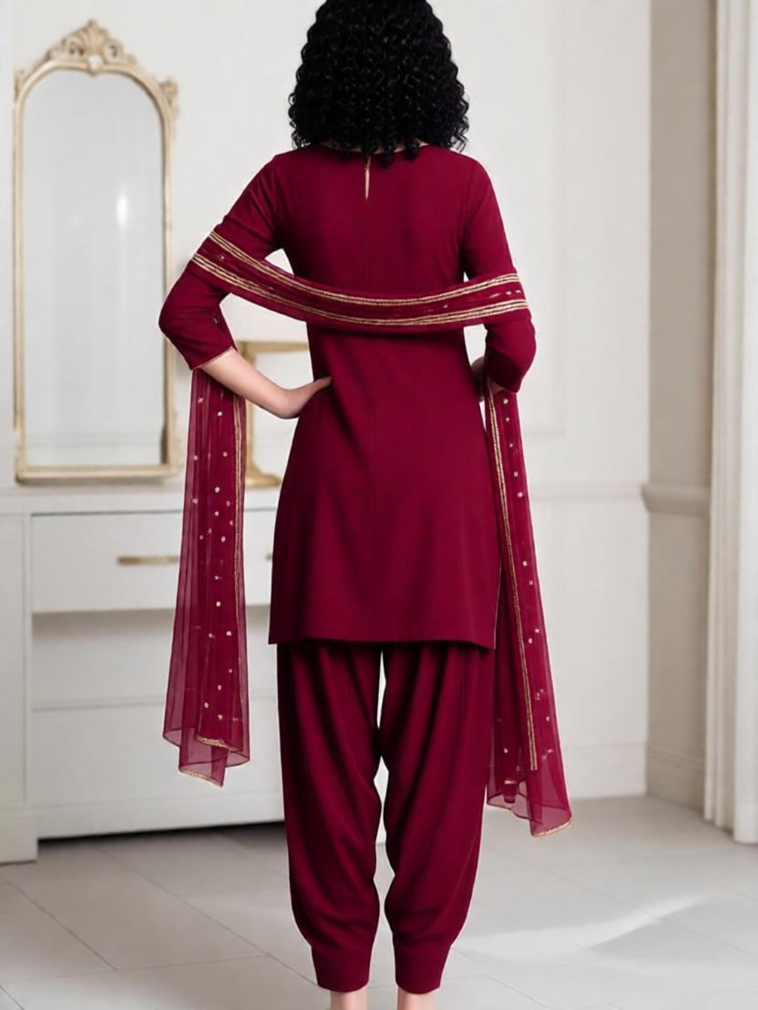 Adaa Bazaar Women's  Wine long kurti -Pant With Dupatta