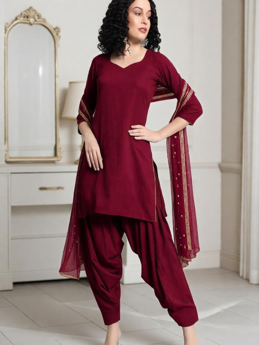 Adaa Bazaar Women's  Wine long kurti -Pant With Dupatta
