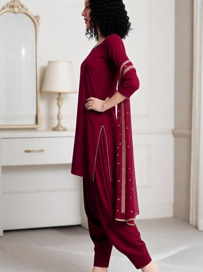 Adaa Bazaar Women's  Wine long kurti -Pant With Dupatta