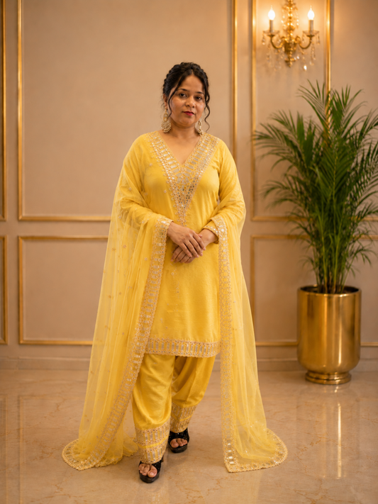 Adaa Bazaar Women's Yellow Elegant Party wear and Haldi function dress