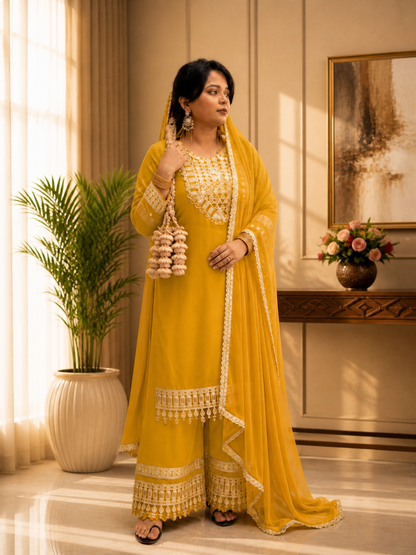 Adaa Bazaar Women's Yellow Colour Sequin and Mirror Work Suits With Dupatta